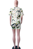 Yellow Fashion Casual adult Ma'am Patchwork Floral Print Two Piece Suits Straight Short Sleeve Two Pieces