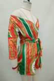 Yellow Sexy Print Patchwork With Belt Bateau Neck Skinny Rompers