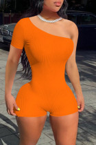 Orange Sexy Casual Solid Backless Oblique Collar Skinny Romper
