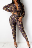 Purple Fashion Casual Print Without Belt Turndown Collar Long Sleeve Two Pieces
