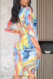 Multi-color Milk. Fashion Casual adult Ma'am Cap Sleeve Long Sleeves V Neck Step Skirt Knee-Length Print Dresses