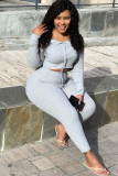 Grey Polyester Sexy ruffle Two Piece Suits Solid pencil Long Sleeve Two-piece Pants Set