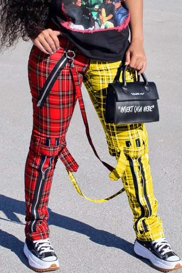 Red Casual Plaid Straight High Waist Bottoms