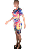 blue and yellow Polyester Fashion Street Tie Dye Two Piece Suits pencil Short Sleeve Two Pieces