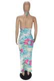 Colour Fashion Sexy Print Hollowed Out Backless Halter Sleeveless Dress