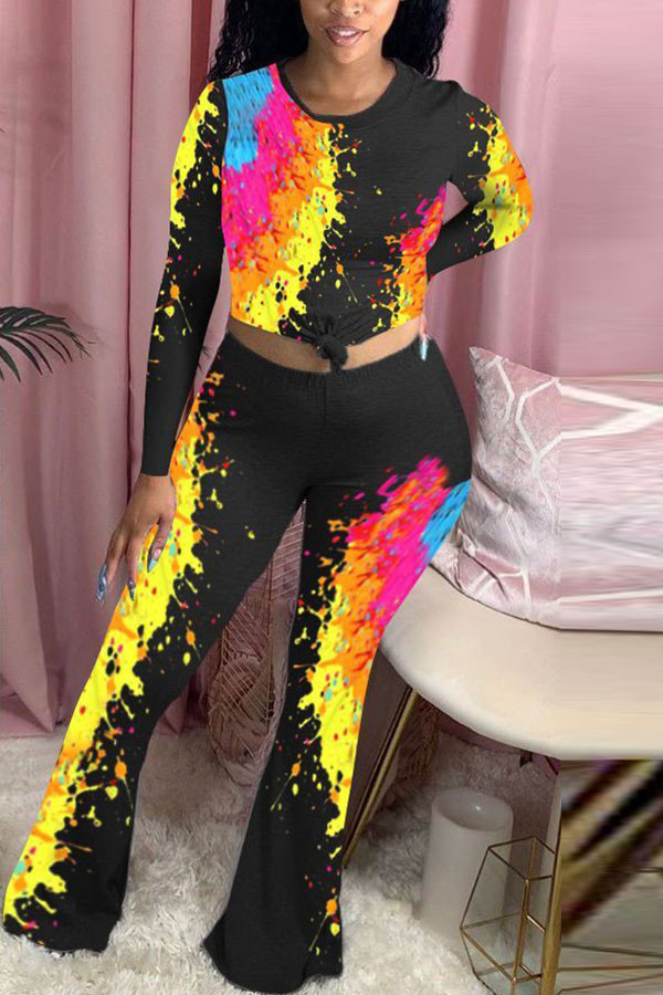 Black Fashion Casual adult Ma'am Print Two Piece Suits Loose Long Sleeve Two Pieces