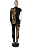 Peacock Blue Casual Leopard Patchwork O Neck Long Sleeve Two Pieces