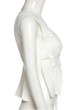 White Sexy Patchwork Solid Hollowed Out Backless V Neck Tops