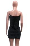 Black Polyester Fashion adult Sexy Spaghetti Strap Sleeveless V Neck Step Skirt Mini hollow out Solid Patc