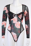 Black Sexy Vintage Print Floral Square Collar Regular Bodysuits