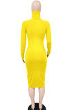 Yellow Fashion Sexy Adult Milk Fiber Solid Split Joint Turtleneck Long Sleeve Knee Length One-piece Suits Dresses