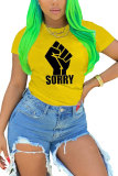 Yellow White Yellow Polyester O Neck Short Sleeve Letter Patchwork Print Slim fit Tops