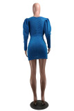 Blue Sexy Casual Solid Patchwork V Neck Pencil Skirt Dresses