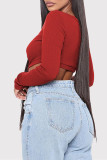 Red Casual Living Solid Hollowed Out V Neck Skinny Romper