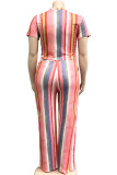 Red Sexy O Neck Print Striped Two Piece Suits Stripe