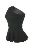 Black One Shoulder Collar Sleeveless asymmetrical Solid Draped Slim fit Vests & Waistcoats