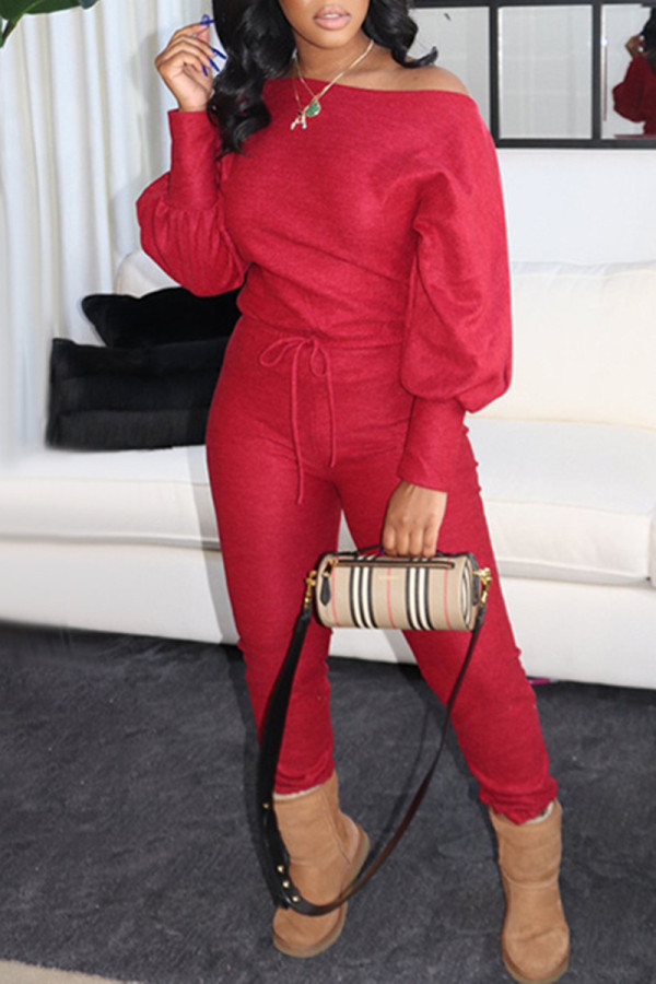 Red Fashion Casual Solid Basic Oblique Collar Regular Jumpsuits