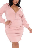 Pink Work Daily Solid Split Joint Hooded Collar Pencil Skirt Plus Size 