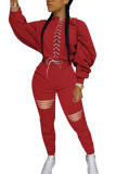Dark Red Fashion Casual Polyester Patchwork Ripped Strap Design O Neck Long Sleeve Batwing Sleeve Regular Two Pieces
