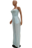 Sky Blue Fashion Casual Solid Draped Cotton Sleeveless Wrapped Jumpsuits