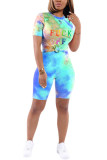 Blue Polyester Fashion Casual Print Tie Dye Two Piece Suits pencil Short Sleeve Two Pieces