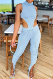 Blue Sexy Solid Split Joint Turtleneck Sleeveless Two Pieces