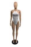 White Fashion Sexy Solid Backless O Neck Skinny Romper