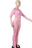 Pink Fashion Sexy Street Party Polyester Solid Fold Pullovers Pants Half A Turtleneck Long Sleeve Regular Sleeve Regular Two Pieces