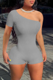 Blue Gray Sexy Casual Solid Backless Oblique Collar Skinny Romper
