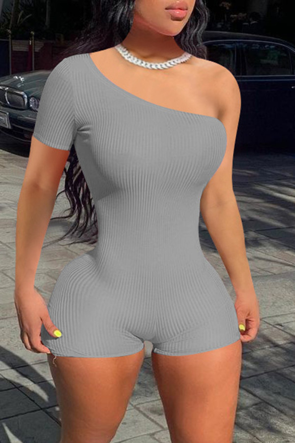 Grey Sexy Casual Solid Backless Oblique Collar Skinny Romper