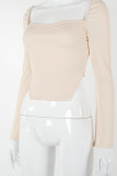 Apricot Fashion Daily Solid Patchwork Square Collar Mid Waist Tops