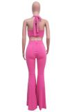 rose red Polyester Sexy Fashion adult Bandage backless Solid Two Piece Suits Boot Cut Sleeveless Two-piece P