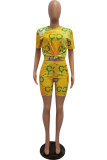 Yellow Polyester Sexy Fashion Print Patchwork pencil Short Sleeve Two-Piece Short Set