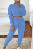 Baby Blue Fashion Casual Adult Solid Split Joint O Neck Long Sleeve Regular Sleeve Short Two Pieces