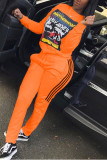 Orange Fashion Casual Adult Polyester Print Split Joint O Neck Long Sleeve Regular Sleeve Regular Two Pieces
