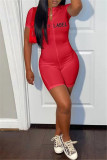 Red Fashion Casual Letter Embroidered Short Sleeve Skinny Romper