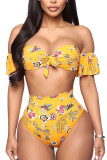 Yellow Sexy Print Backless Flounce Swimwears