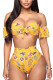 Yellow Sexy Print Backless Flounce Swimwears