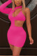 Rose Red Fashion Sexy Solid Hollowed Out O Neck Long Sleeve Dress