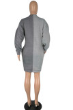 Grey Fashion Sexy Polyester Patchwork Solid Bandage Split Joint Basic O Neck Long Sleeve Knee Length Pencil Skirt Dresses