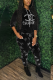 Black Casual Print Letter Hooded Collar Nine Points Sleeve Two Pieces