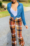 Green Fashion Casual Plaid Print Basic Regular High Waist Trousers