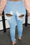 Light Blue Fashion Sexy Patchwork Solid Ripped Plus Size Jeans