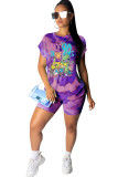 purple knit Fashion Active adult Ma'am Patchwork Print Character Tie Dye Two Piece Suits Straight Short Sleeve Two Pieces