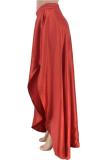 Red Polyester Zipper Fly Mid Asymmetrical Patchwork Solid Loose Skirts