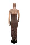 Brown Fashion Sexy Off The Shoulder Sleeveless Wrapped chest Pleated Ankle-Length Draped Patchwo