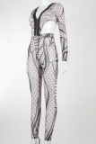 Black Sexy Print Patchwork V Neck Long Sleeve Two Pieces