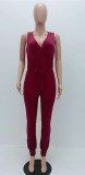 Wine Red Hollow Out Sashes Solid Fashion Jumpsuits & Rompers
