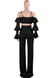 Black Polyester Fashion Sexy backless Patchwork ruffle Solid Straight Two-piece Pants Set