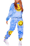 Blue Fashion Casual Street Polyester Character Print Tie-dye Pullovers Pants Hooded Collar Long Sleeve Regular Sleeve Regular Two Pieces